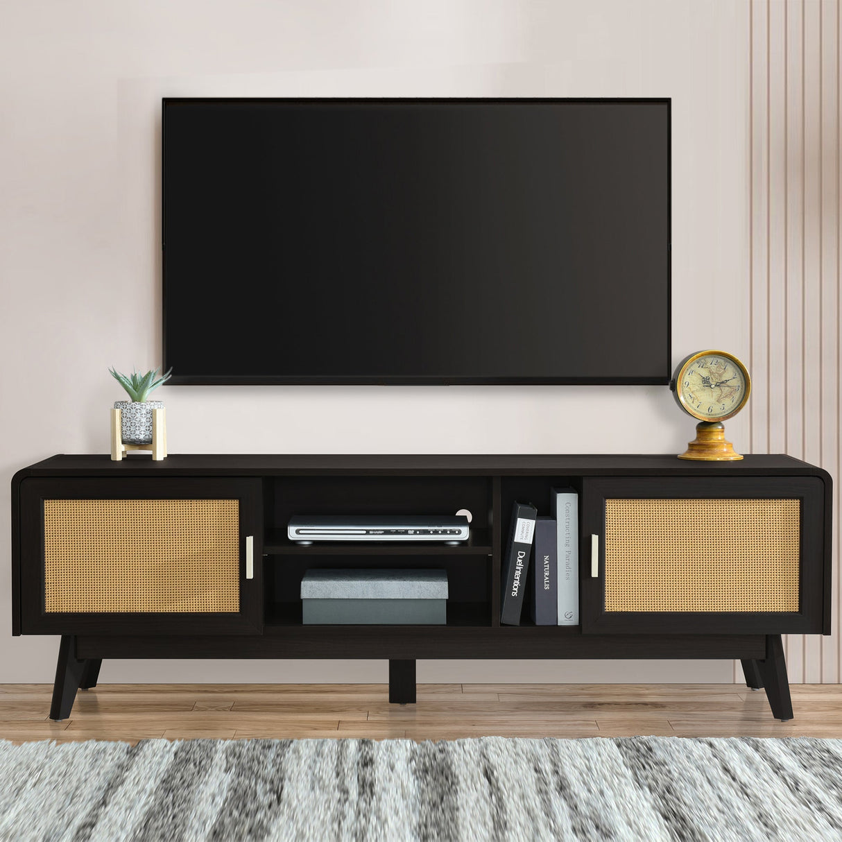 63'' Dark Rattan TV Stand with 2 Storage Cabinets and Solid Wood Legs