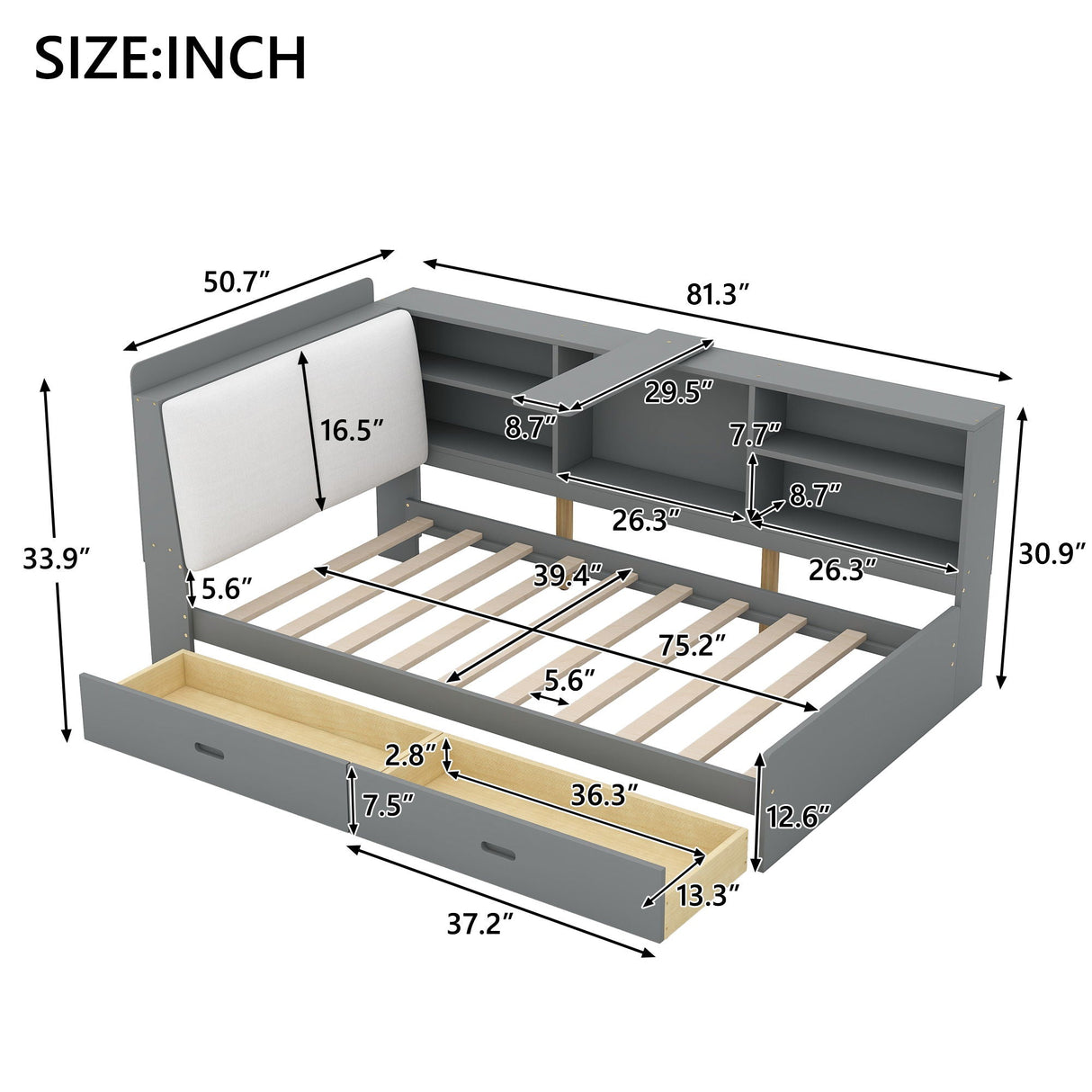 Platform Bed With Storage Headboard, Shelves And 2 Drawers
