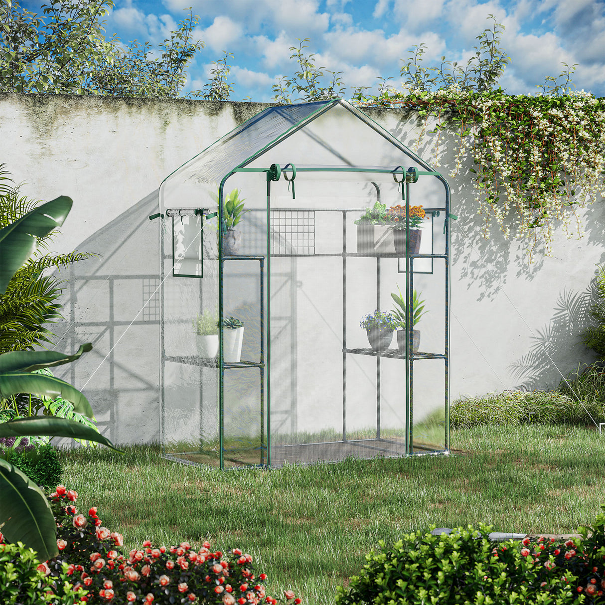 Walk-in-mini-greenhouse-with-mesh-door-&-windows,-portable-garden-green-house-with-3-tiers-6-shelves,-trellis,-&-plant-labels-greenhouses