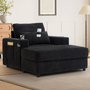 Modern Style Armchair Chaise Lounge Sofa Couch With Movable Storage Ottoman, USB Ports, Cup Holders, Phone Holder, Side Pockets