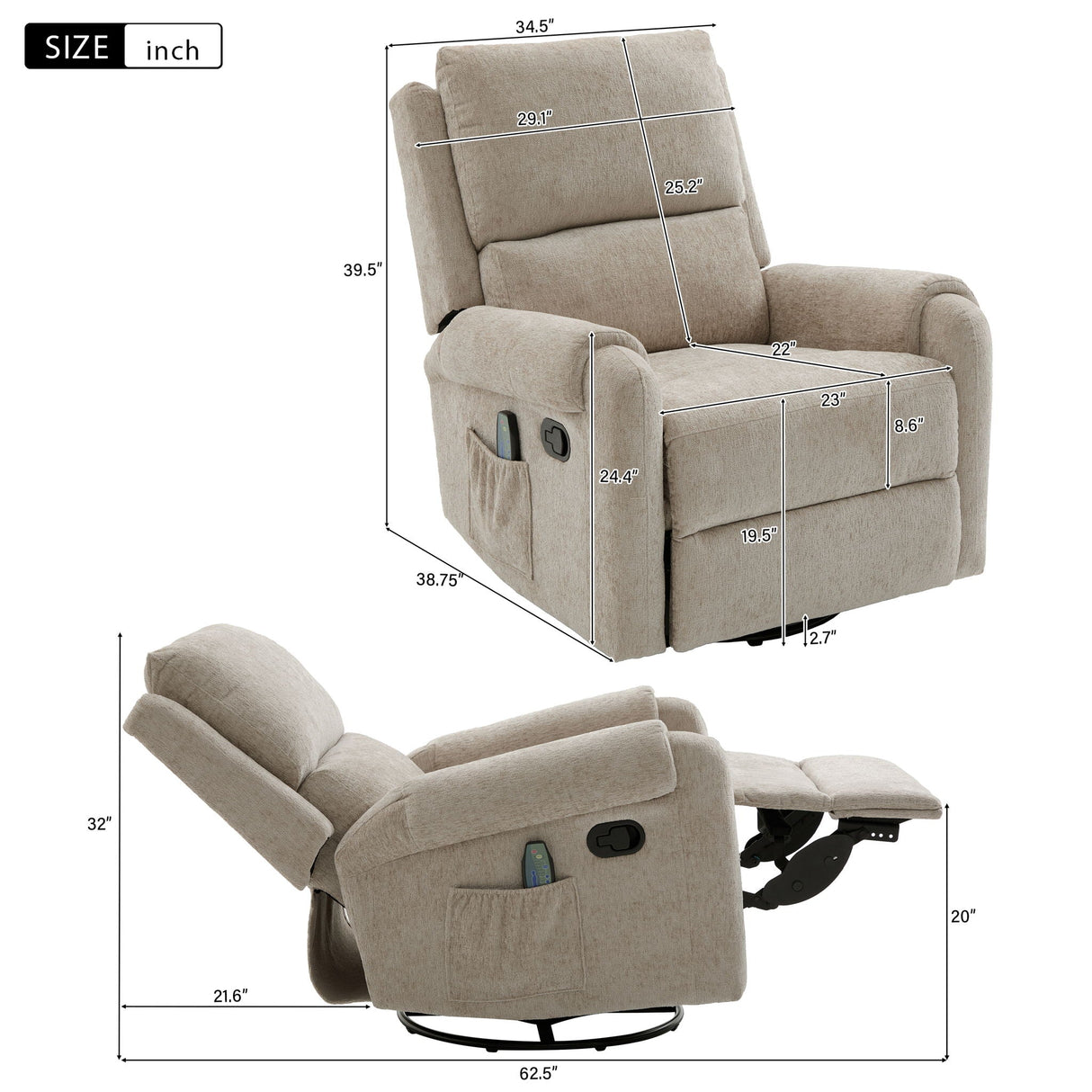 Manual Recliner Massage Chair with Swivel Rocker and 8 Massage Modes