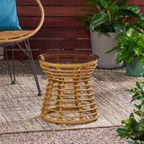 San Pedro Boho Style Side Table with Tempered Glass Top in Light Brown Rattan