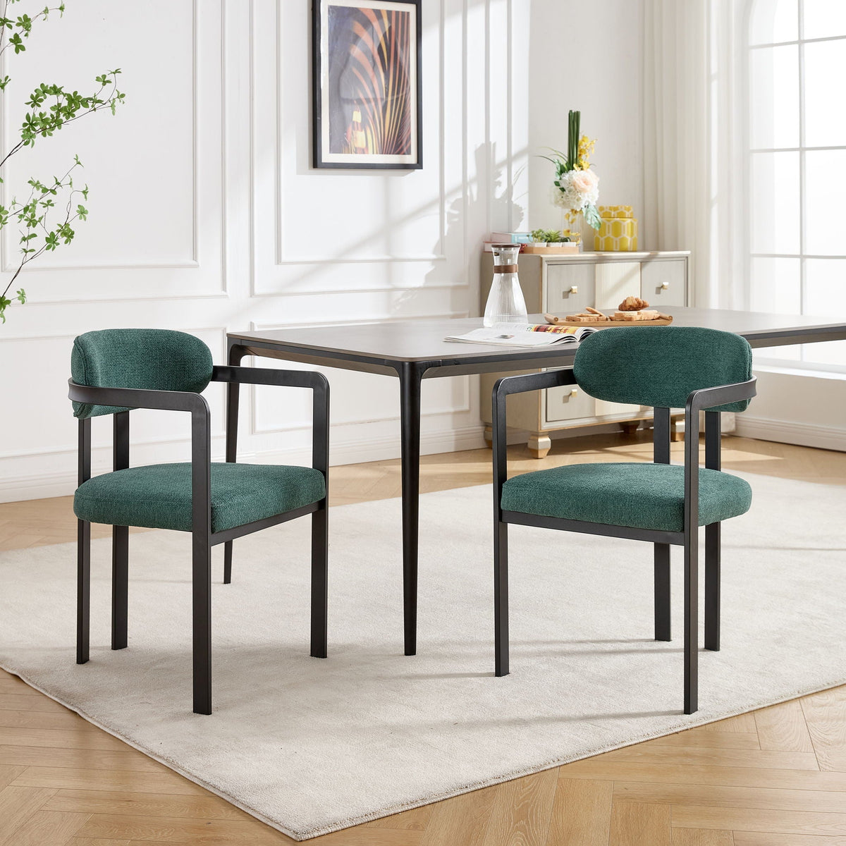 Dining Arm Chairs Set of 2 with Fabric Upholstery and Metal Legs - Green, Orange, or Beige