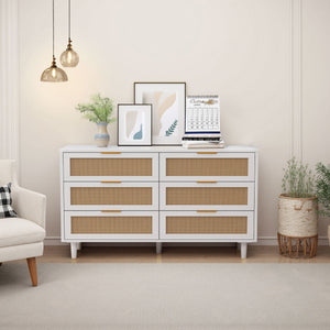 6 Drawer Storage Cabinet with Modern Rattan Drawers - Light Brown, Black, or White