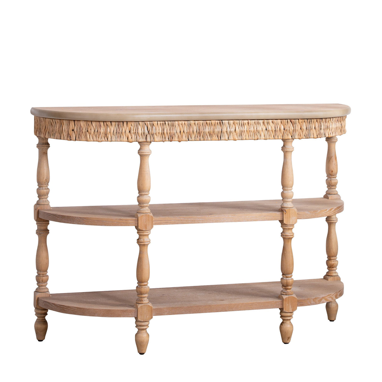 Handcrafted Wood Console Table with Hand-Woven Trim, 3-Tier Storage Shelves, Oval Entryway Table with Carved Legs, Rustic Coastal Farmhouse Accent Table, 49' Hallway Sofa Table