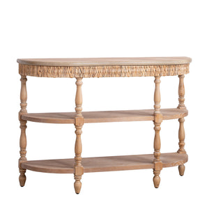 Handcrafted Wood Console Table with Hand-Woven Trim, 3-Tier Storage Shelves, Oval Entryway Table with Carved Legs, Rustic Coastal Farmhouse Accent Table, 49' Hallway Sofa Table