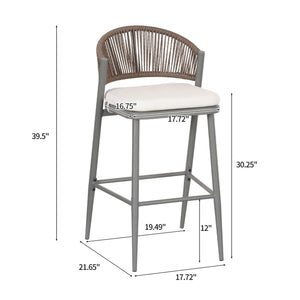 Outdoor Bar Height Metal Frame Counter Stools With Scallop Shaped Backrest & Water Resistant Cushions