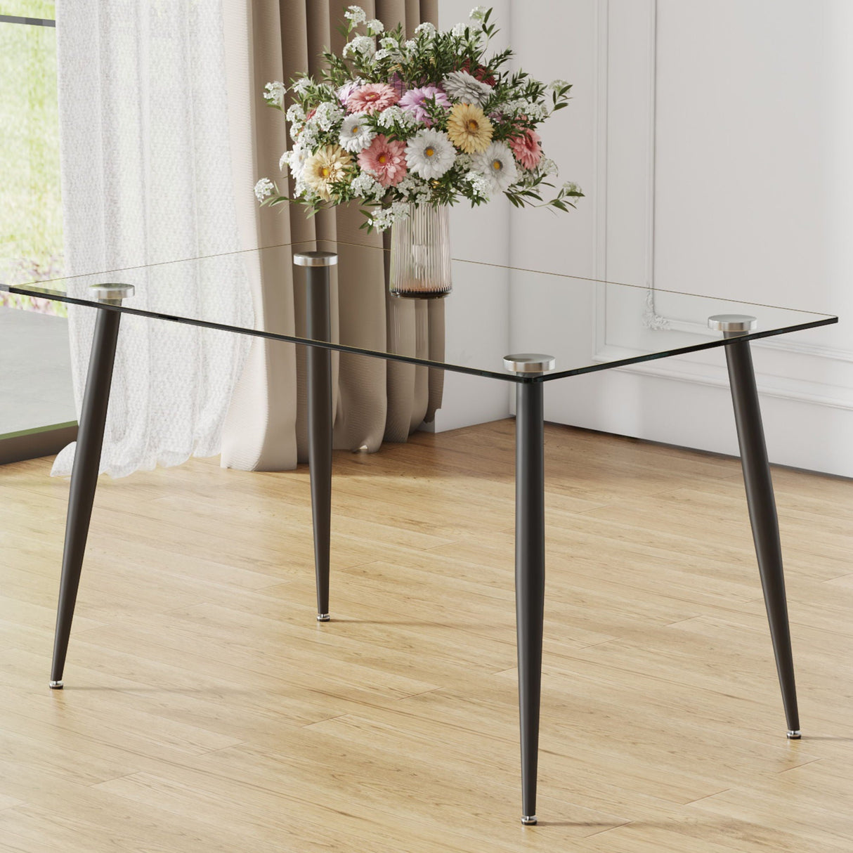 Modern Rectangular Glass Dining Table With Tempered Glass Top And Metal Legs For 4 - 6 People - Black / Transparent