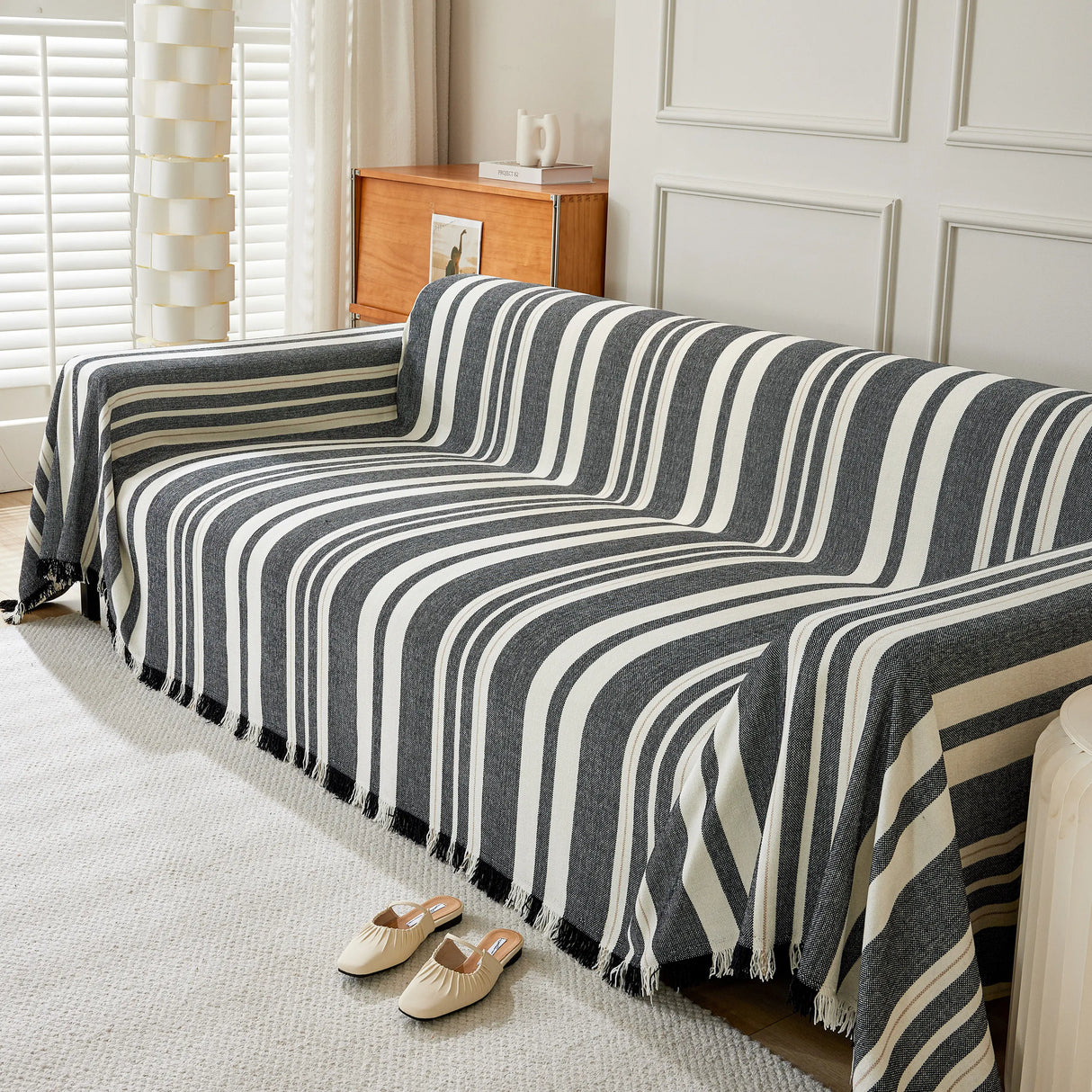 Striped Chenille Sofa Slipcover Throw, Soft Thick Washable Couch Cover Blanket