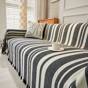 Striped Chenille Sofa Slipcover Throw, Soft Thick Washable Couch Cover Blanket