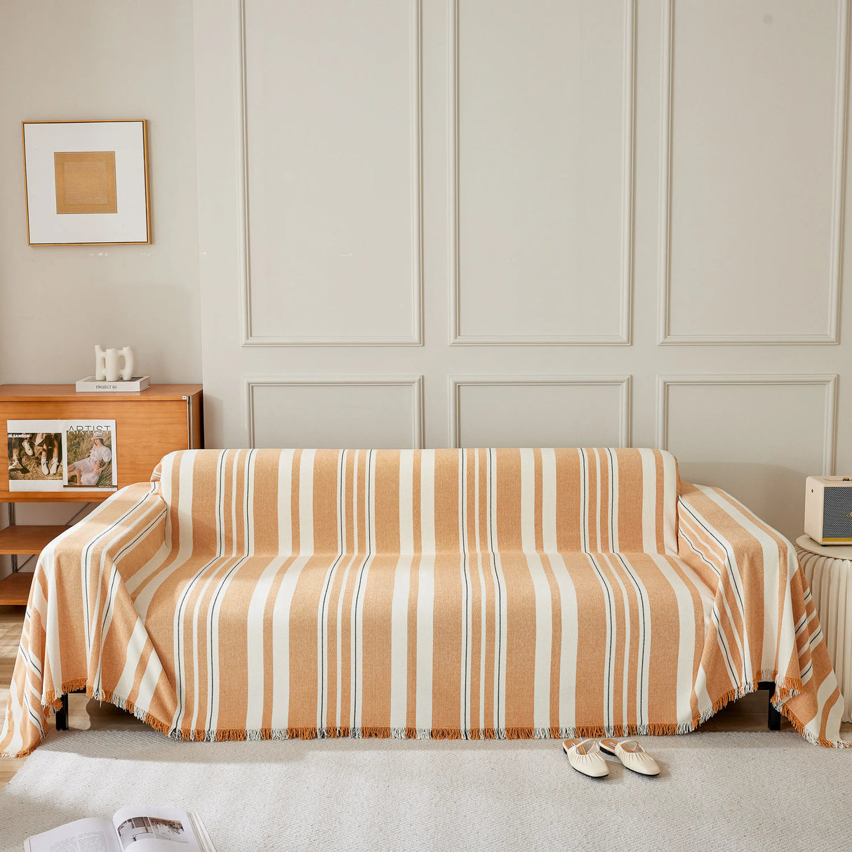 Striped Chenille Sofa Slipcover Throw, Soft Thick Washable Couch Cover Blanket