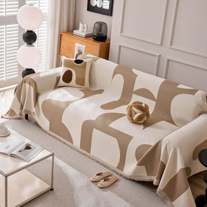Modern Abstract Chenille Sofa Cover, Large Soft Throw Blanket with Tassels for Couch