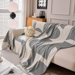 Modern Abstract Chenille Sofa Cover, Large Soft Throw Blanket with Tassels for Couch