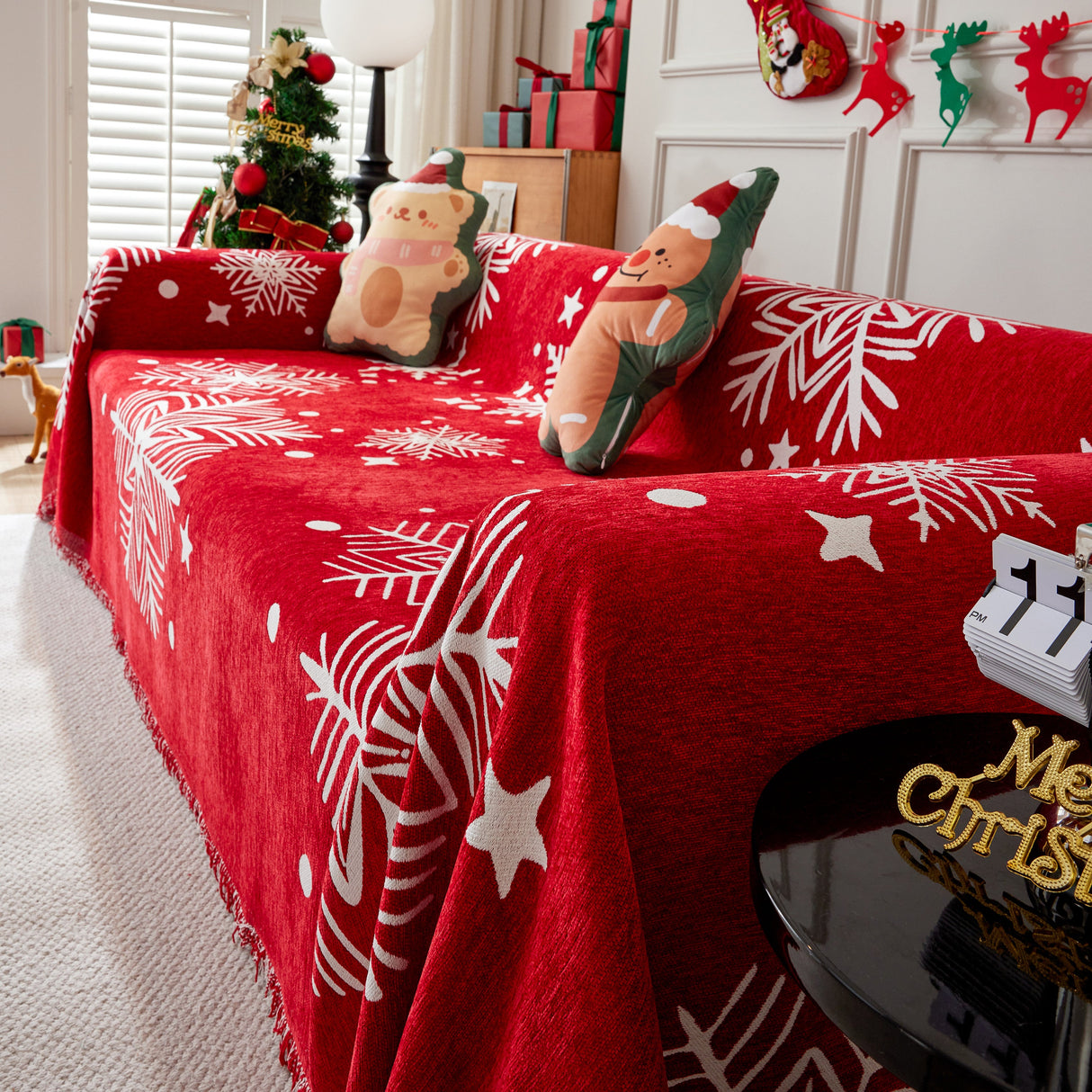 Merry Christmas Cozy Chenille Couch Cover Blanket, Non Slip Sofa Cover, Furniture Covers for Pets