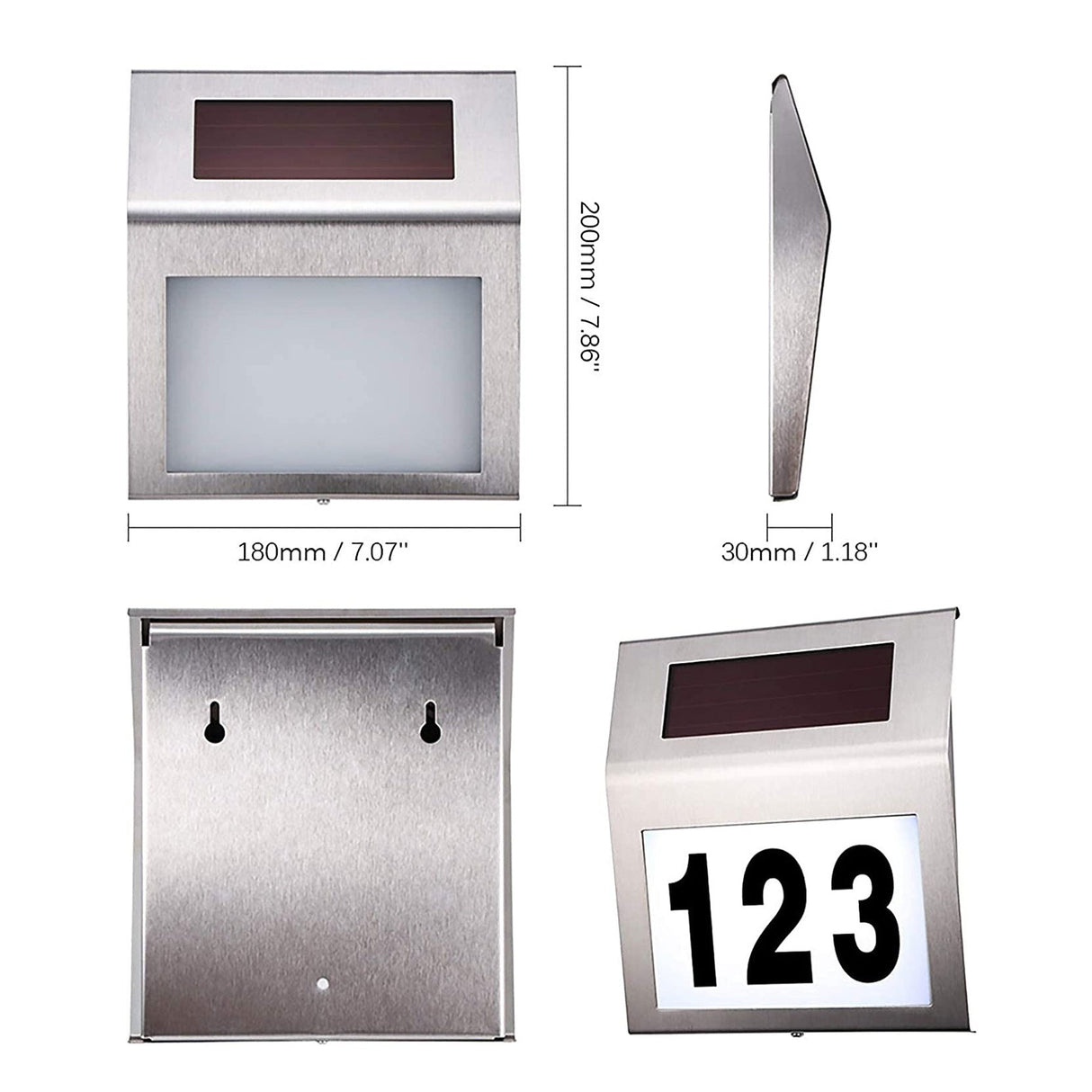 Solar LED Address Sign – Stainless Steel House Number Light with White LEDs, Waterproof, Customizable Numbers & Letters, Auto On/Off, 7.86 x 7.07 Inches
