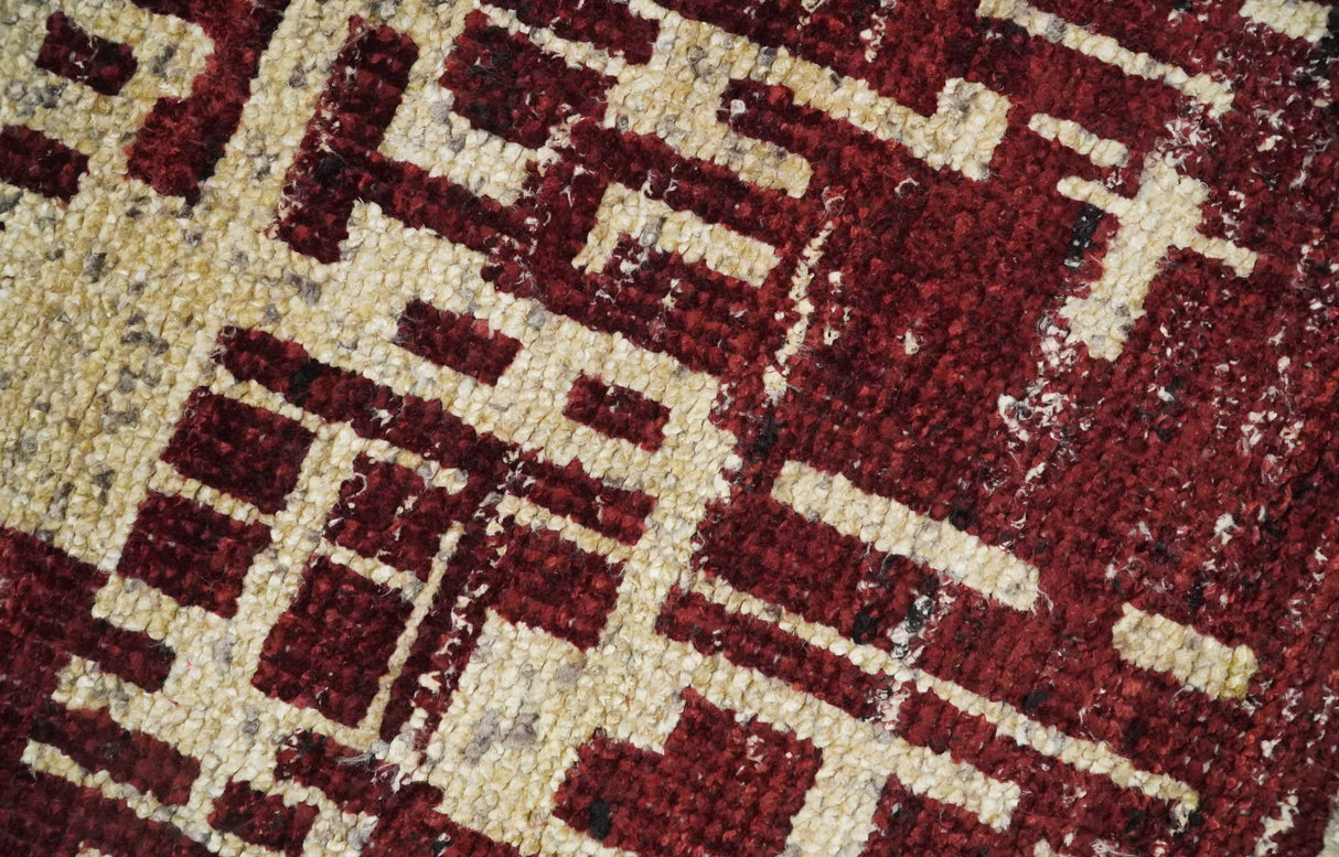 4x6 Hand Knotted Beige and Maroon Modern Abstract  Recycled Silk Area Rug