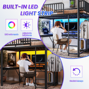 Full Loft Bed with L-Shaped Desk and LED Light Strip
