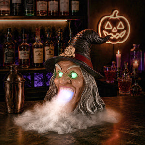 Halloween Witch Head Decor with LED Light and Mist Effect