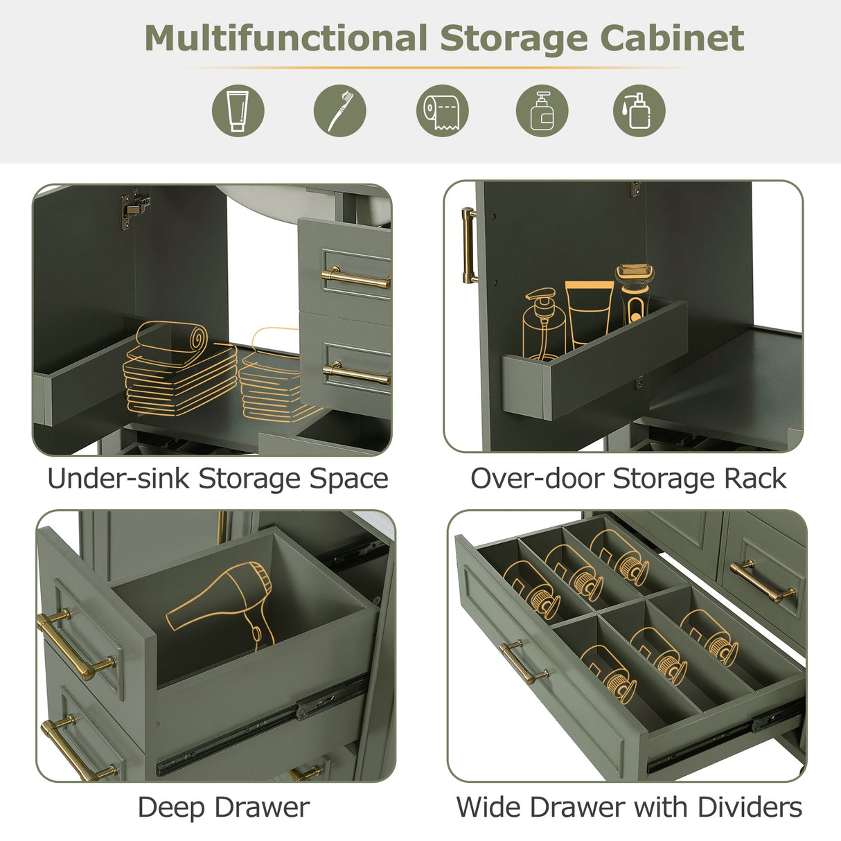 Elegant Olive Green 30' Bathroom Vanity with Ceramic Sink and Ample Storage, Solid Wood and MDF Construction