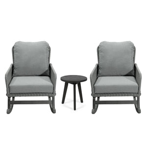 Modern 3 Piece Outdoor Seating Set With Cushioned Rattan Rocking Chairs And Wooden Accent Table