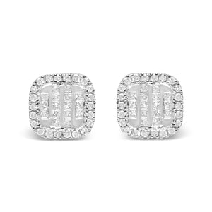 10K White Gold 7/8 Cttw Diamond Princess Composite and Halo Stud Earrings (I-J Color, I1-I2 Clarity)