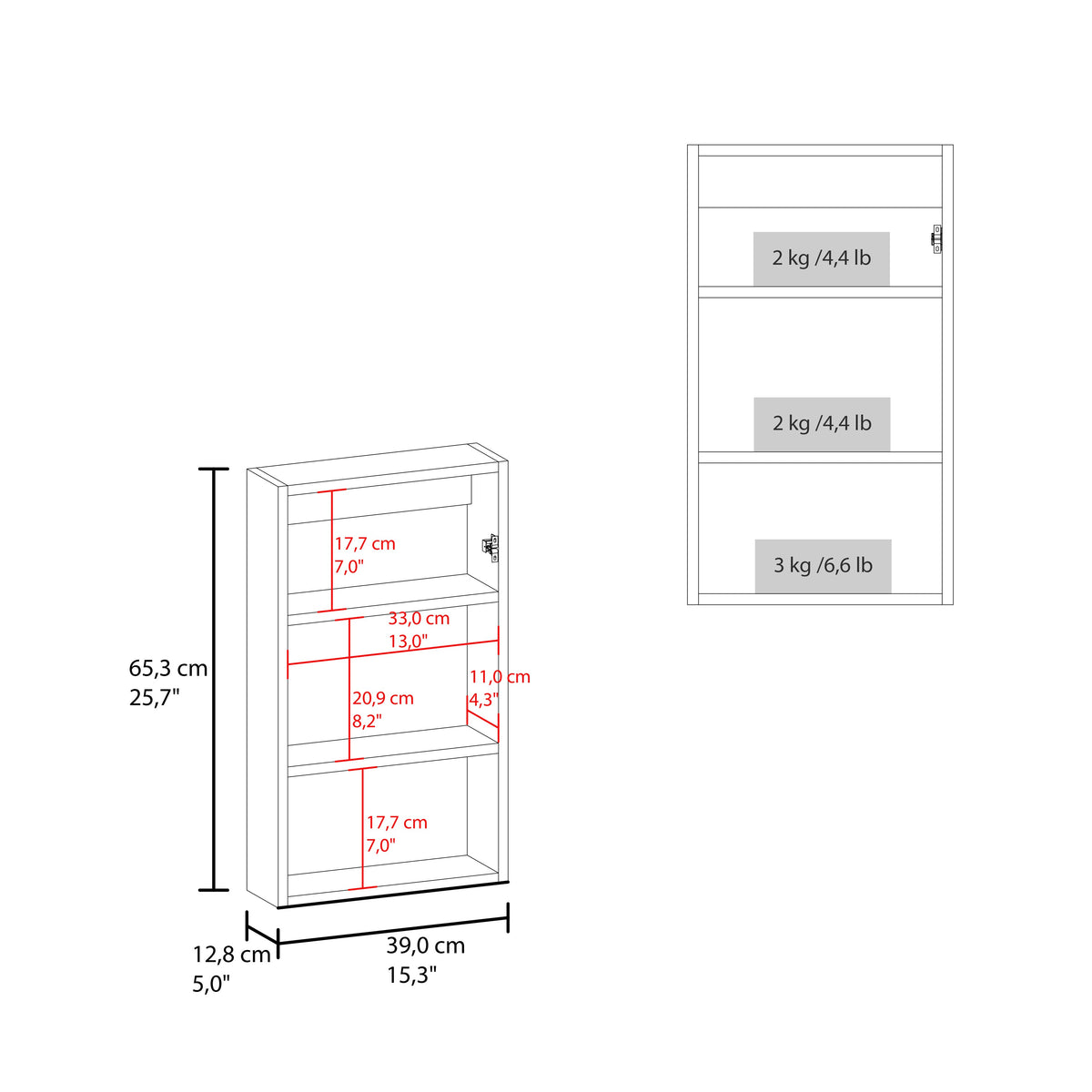 Medicine Cabinet 25.7" H, 1 Door, 3 Shelves, 1 Mirror