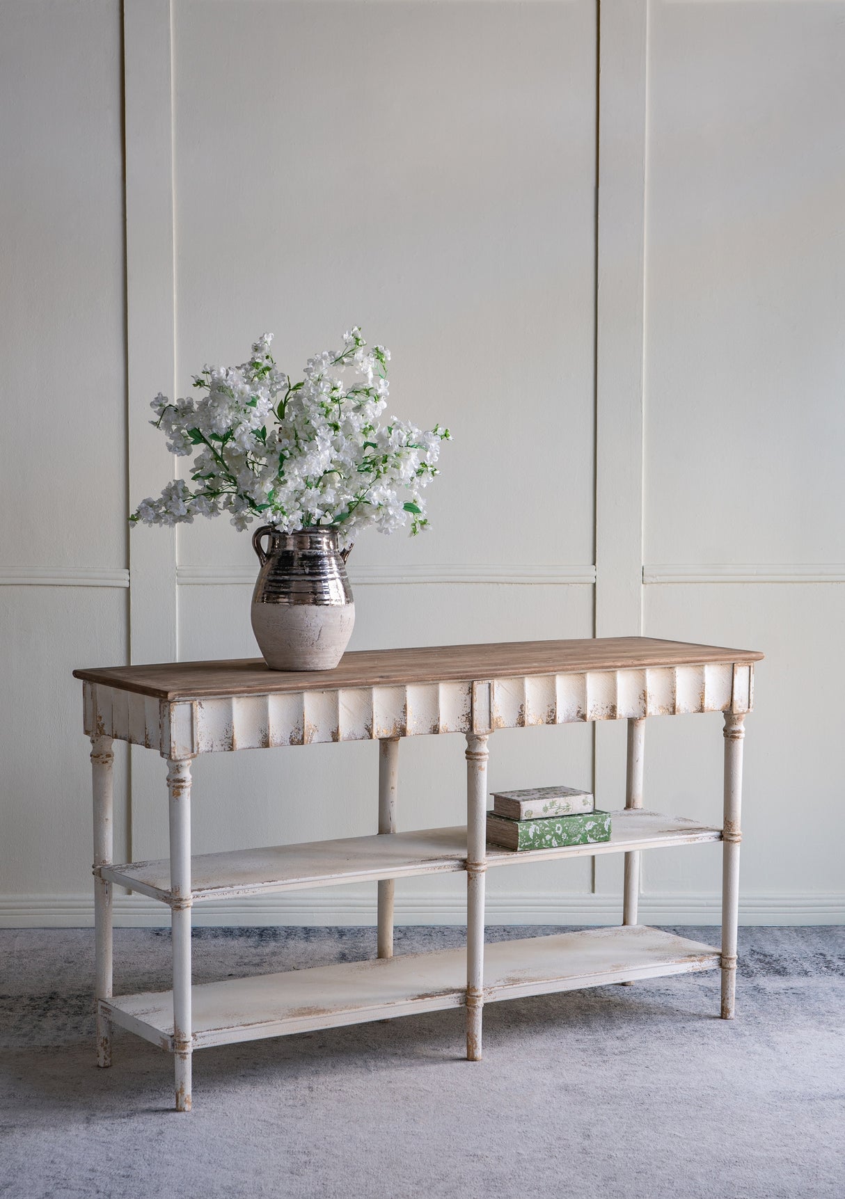 63x19.5x35.5'-Three-Tiered-Wooden-Console-Table-with-Distressed-White-and-Beige-Finish-Console-Table