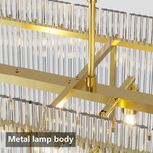 Modern Rectangular Crystal Glass Chandelier, 10-Lights Glod Chandelier Lighting Contemporary Pendant Ceiling Light Fixture for Dining Room Living Room Kitchen Island