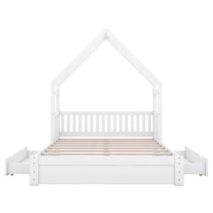 Queen Storage Platform Bed with Guardrail and 2 Drawers - White or Light Brown