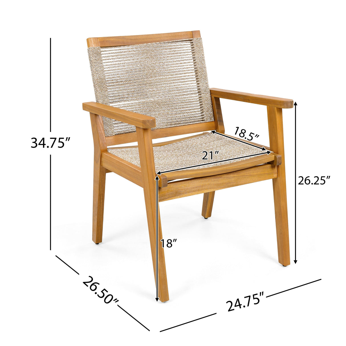 Outdoor Dining Chairs Set of 2 with Teak Finish Wood Frame and Brown Rope