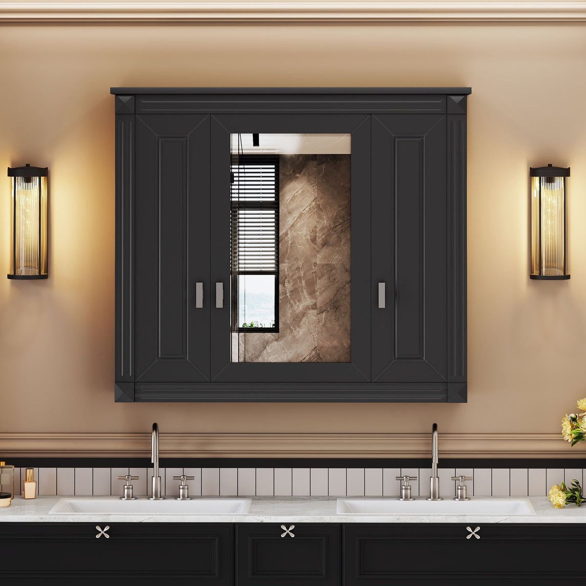 Wall Mounted Bathroom Cabinet with 5 Adjustable Shelves and Mirror - Black or White