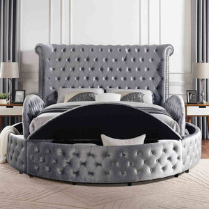 Glam Button Tufted Wingback Round Bed With Storage And USB Ports