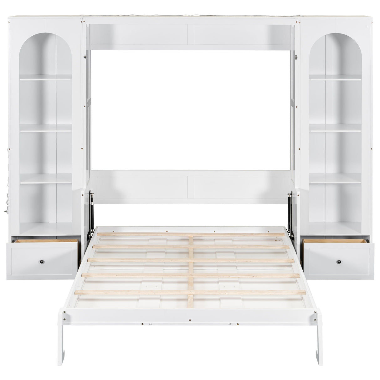 French Style Murphy Platform Bed With Shelf, Side Cabinets, Drawers And LED