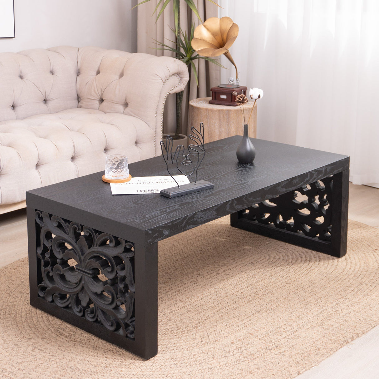 47.2' Solid Black Carved Wood Coffee Table – Handcrafted Look with Ornate Side Panels
