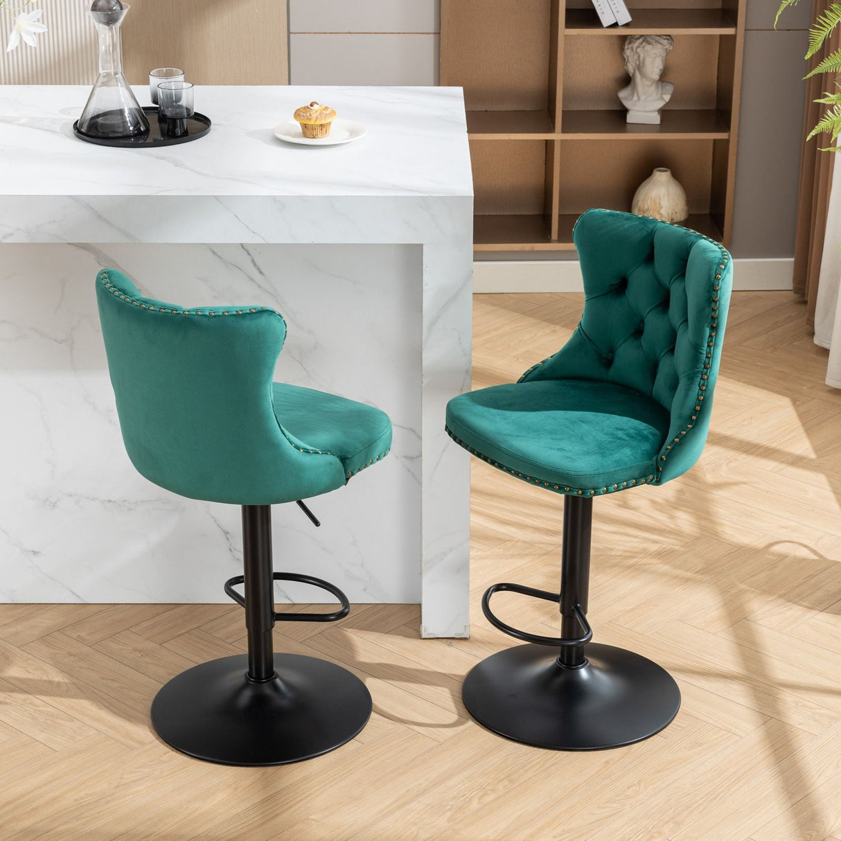 Swivel Barstools Adjusatble Seat Height, Modern Upholstered Bar Stools With Backs Comfortable Tufted For Home Pub And Kitchen Island (Set of 2)