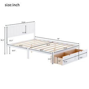 Full Size Platform Bed With Under Bed Drawers - White