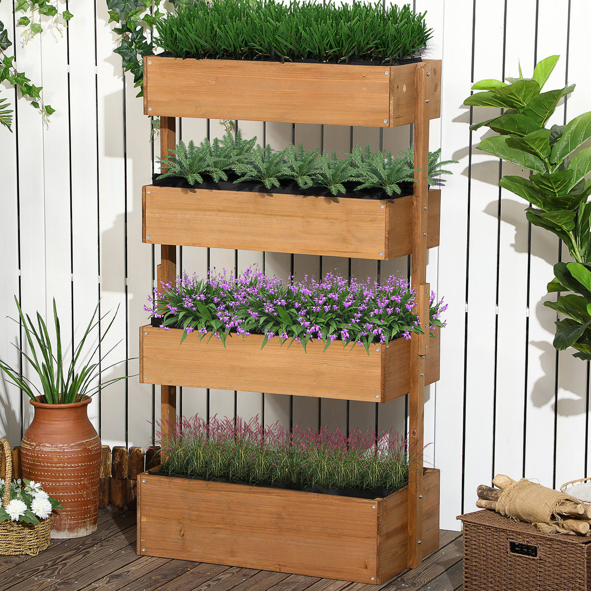 Outsunny vertical garden planter, wooden 4 tier planter box, self-draining with non-woven fabric for outdoor flowers, vegetables and herbs, orange