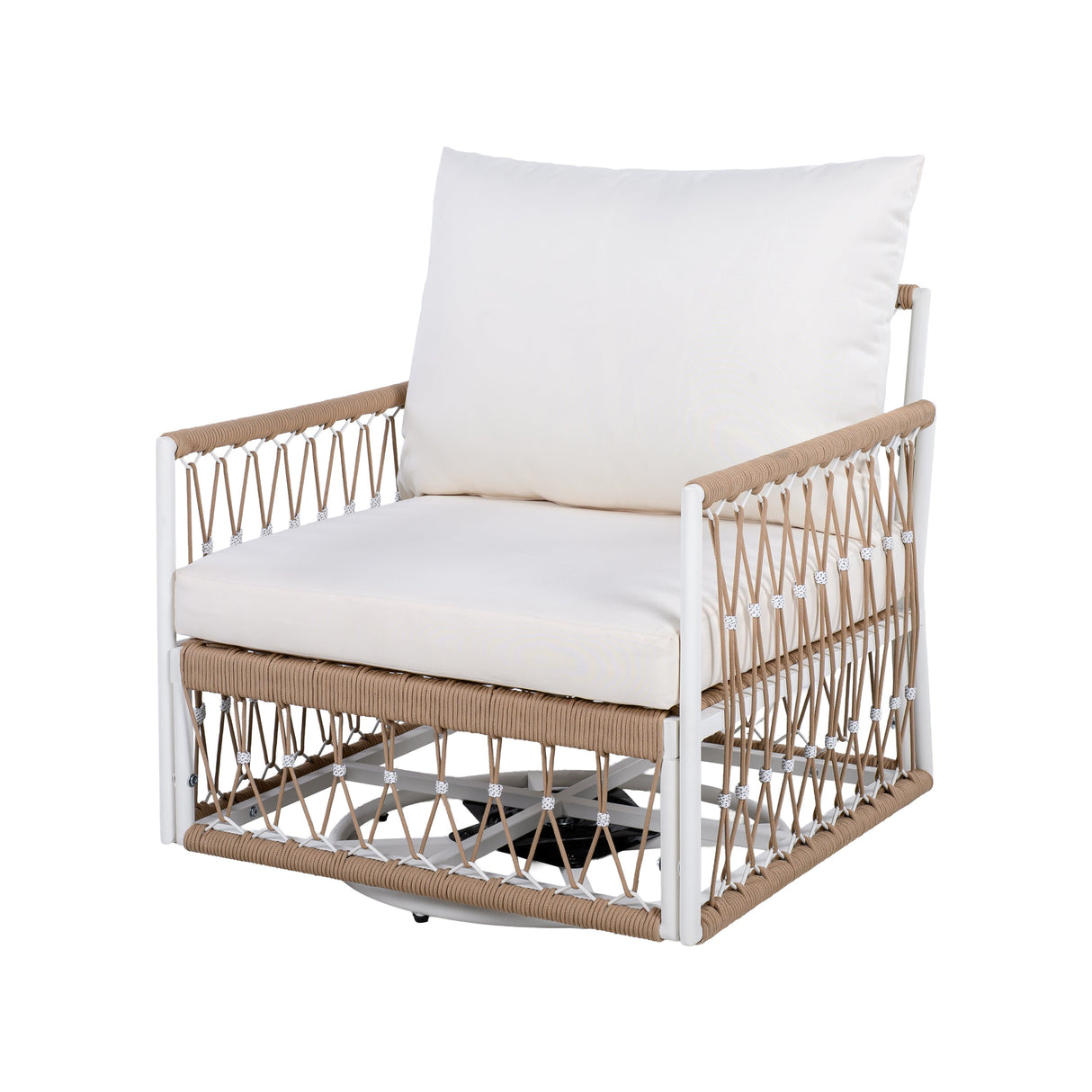 [Set of 2] 360° Swivel Bohemian Outdoor Lounge Chair with Handwoven Rope & Powder-Coated Steel Frame, Waterproof Cushions - Patio, Garden, Poolside