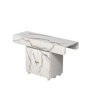 Versatile Marble Folding Dining Table With Storage Rack And Cabinet, 6 Wheels - White
