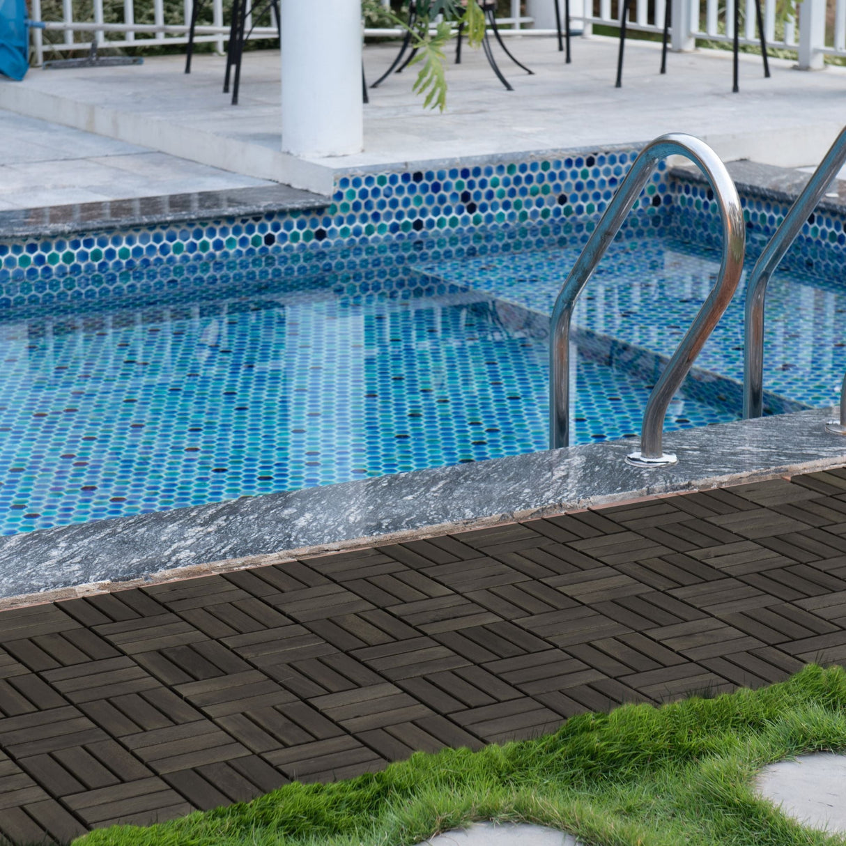 Acacia Wood Interlocking Deck Tiles Checker Pattern For Outdoor Flooring