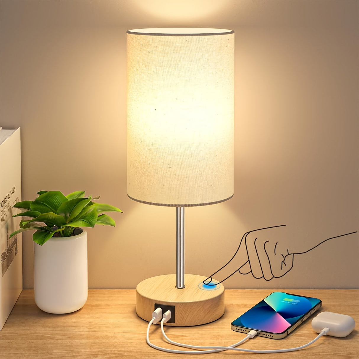 2-Pack Touch Control USB Table Lamps – 3-Way Dimmable LED Bedside Light Set