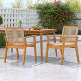 Outdoor Dining Chairs Set of 2 with Teak Finish Wood Frame and Brown Rope