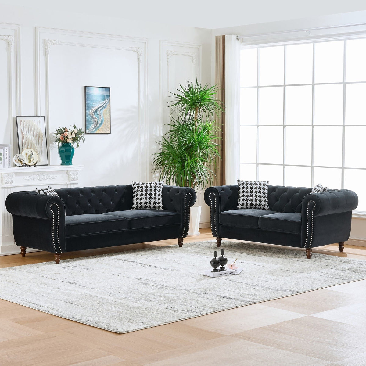 Chesterfield 3 And 2 Seater Upholstery Sofa With Roll Armrest & Nailhead Fabric Couch