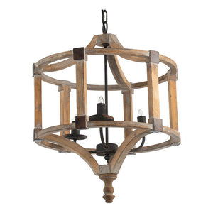 3 Light Wood Drum Chandelier, Hanging Light Fixture With Adjustable Chain For Kitchen, Bulb Not Included - Brown