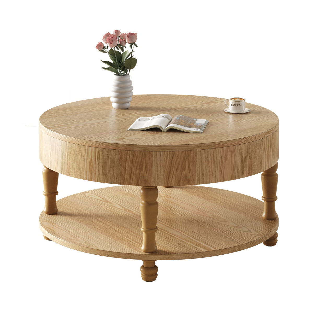 Coffee Table with Dual Storage for Living Room31.5' Modern Round Coffee Table with Storage and Hidden CompartmentAdjustable Leveling FeetEasy Assembly(Natrual Wood)