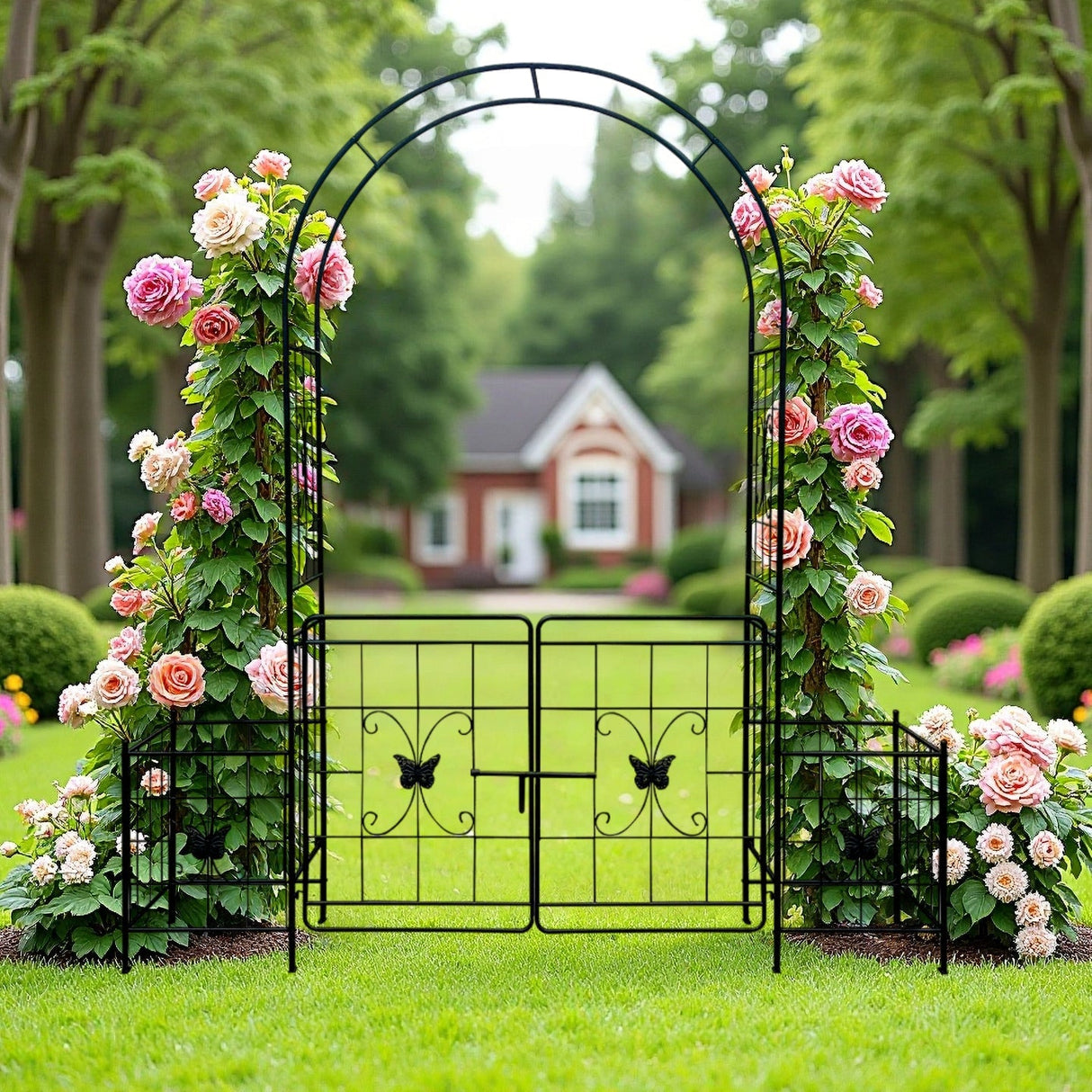 Garden Arch Arbor Trellis for Climbing Plants with Gate, Durable Metal Garden Arch Outdoor Wedding Arch, for Wedding Ceremony Party Plant Climbing Rose Vines Lawn Courtyard Patio Black, 7.15ft
