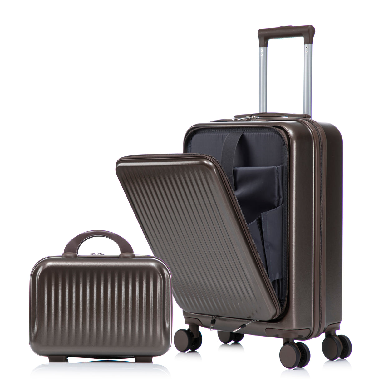 14'/20' 2 pcs/set in ABS Spinner Wheel Luggage, with Combination Lock and Front Opening Design, 14' Cosmetic Case (Brown)