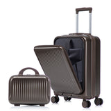 14'/20' 2 pcs/set in ABS Spinner Wheel Luggage, with Combination Lock and Front Opening Design, 14' Cosmetic Case (Brown)