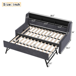 Twin Size Daybed With Trundle With LED Light ＆ Charging Station - Dark Gray