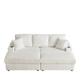 84-Inch Corduroy 3-Seater Sofa with Pillows and Ottomans